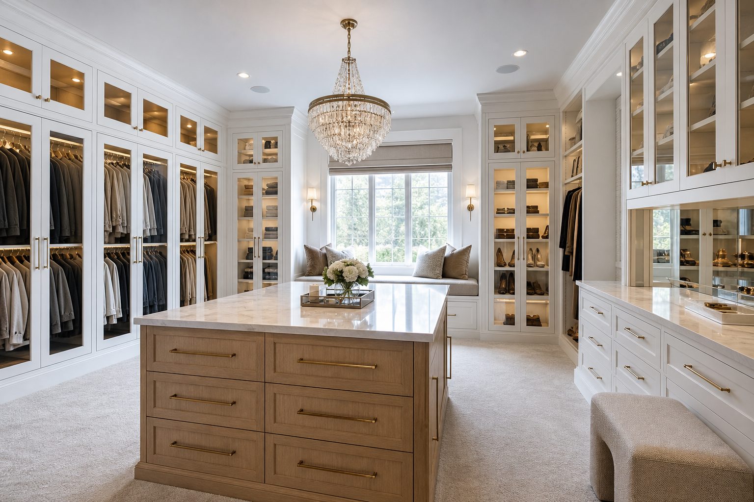 His and hers walk-in closet with a centre island and crystal chandelier